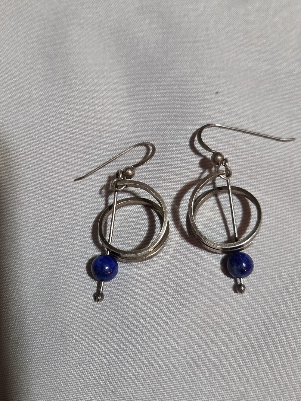 Silver-Tone Double Hoop Earrings with Blue Accent Bead